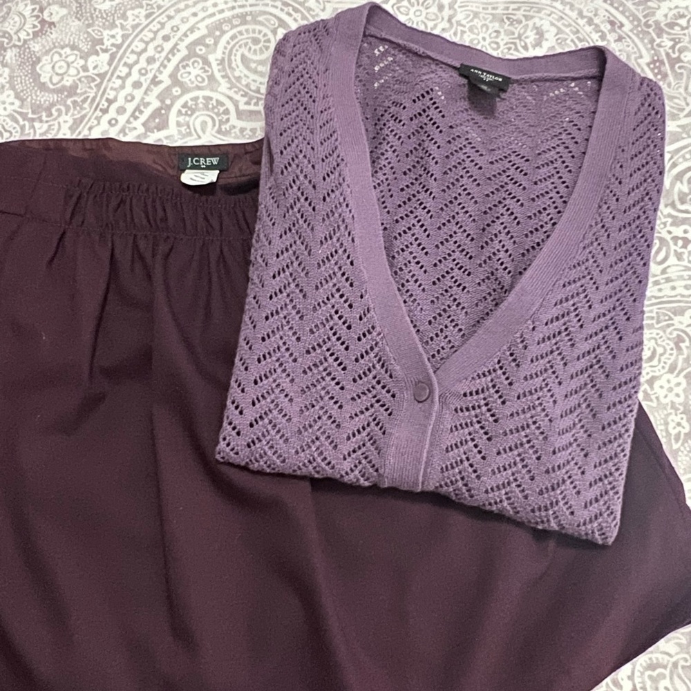 J. Crew purple wool blend lined short skirt. Ann Taylor XS coordinating sweater